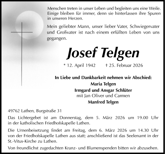 Traueranzeige von Josef Telgen von Neue Osnabrücker Zeitung GmbH & Co. KG