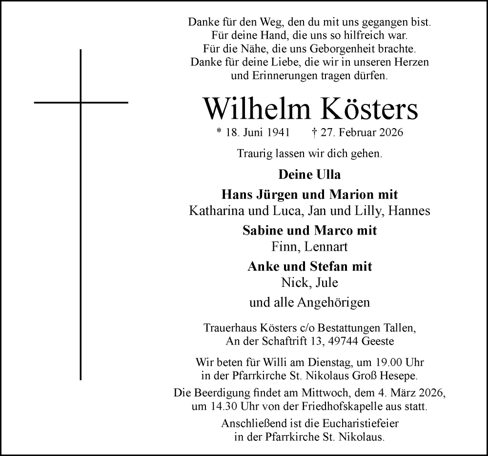  Traueranzeige für Wilhelm Kösters vom 02.03.2026 aus Neue Osnabrücker Zeitung GmbH & Co. KG