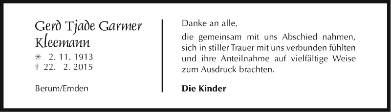  Traueranzeige für Gerd Tjade Garmer Kleemann vom 28.03.2015 aus Ostfriesischer Kurier / Norderneyer Badezeitung