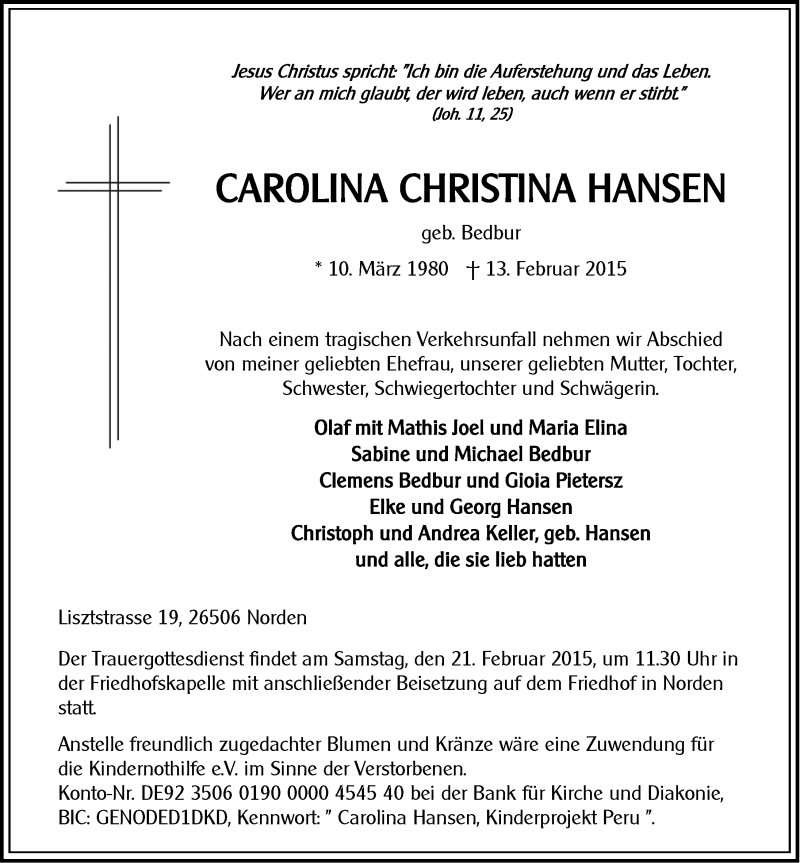  Traueranzeige für Carolina Hansen vom 17.02.2015 aus Ostfriesischer Kurier GmbH