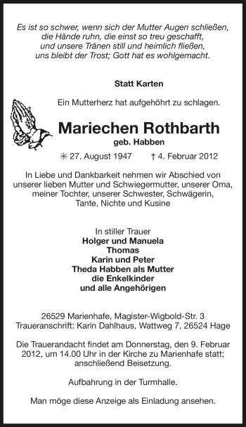 Traueranzeige von Mariechen Rothbarth von Ostfriesischer Kurier GmbH