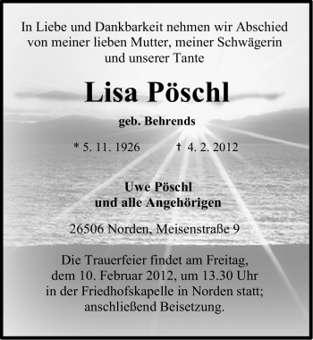 Traueranzeige von Lisa Pöschl von Ostfriesischer Kurier GmbH