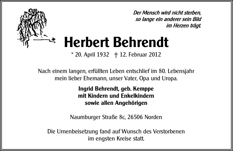  Traueranzeige für Herbert Behrendt vom 27.02.2012 aus Ostfriesischer Kurier GmbH