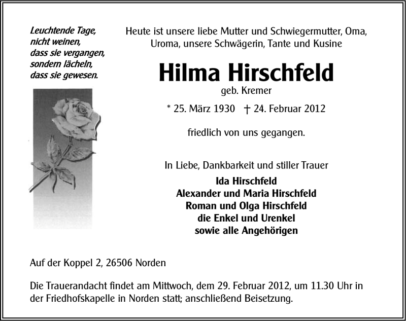  Traueranzeige für Hilma Hirschfeld vom 27.02.2012 aus Ostfriesischer Kurier / Norderneyer Badezeitung