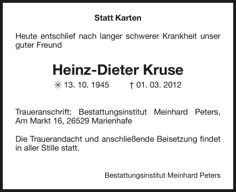 Traueranzeige für Heinz-Dieter Kruse vom 05.03.2012 aus Ostfriesischer Kurier GmbH