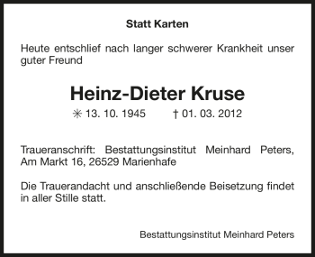Traueranzeige von Heinz-Dieter Kruse von Ostfriesischer Kurier GmbH
