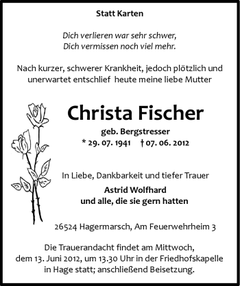 Traueranzeige von Christa Fischer von Ostfriesischer Kurier GmbH