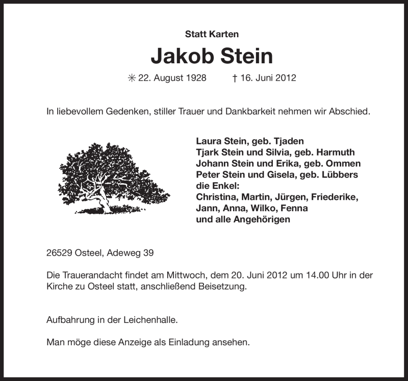  Traueranzeige für Jakob Stein vom 18.06.2012 aus Ostfriesischer Kurier GmbH