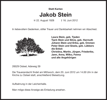 Traueranzeige von Jakob Stein von Ostfriesischer Kurier GmbH
