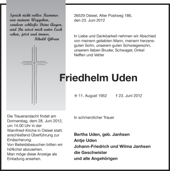 Traueranzeige von Friedhelm Uden von Ostfriesischer Kurier GmbH