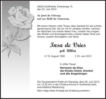 Traueranzeige von Insa de Vries von Ostfriesischer Kurier GmbH