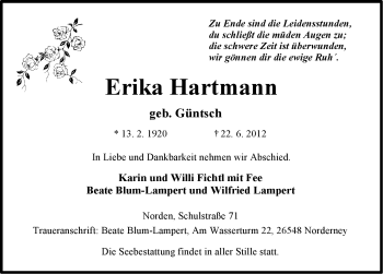 Traueranzeige von Erika Hartmann von Ostfriesischer Kurier GmbH
