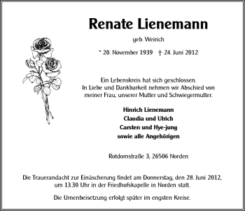 Traueranzeige von Renate Lienemann von Ostfriesischer Kurier GmbH