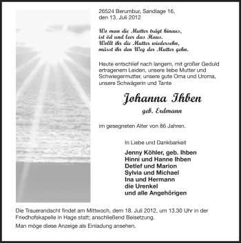 Traueranzeige von Johanna Ihben von Ostfriesischer Kurier GmbH