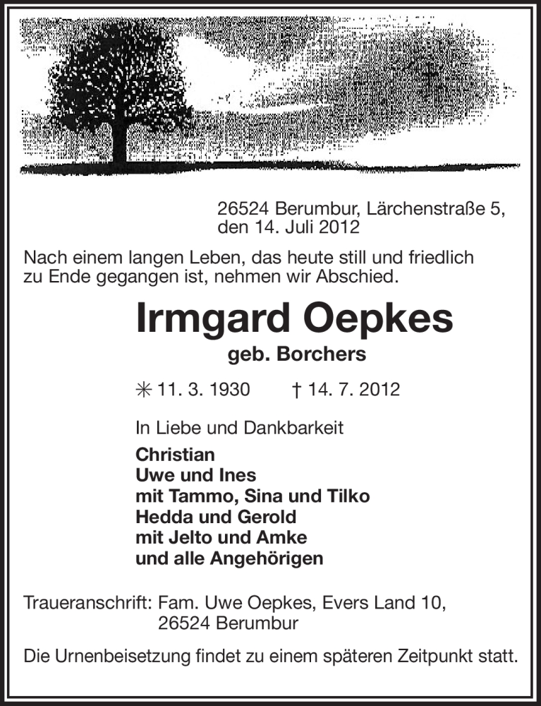  Traueranzeige für Irmgard Oepkes vom 16.07.2012 aus Ostfriesischer Kurier GmbH