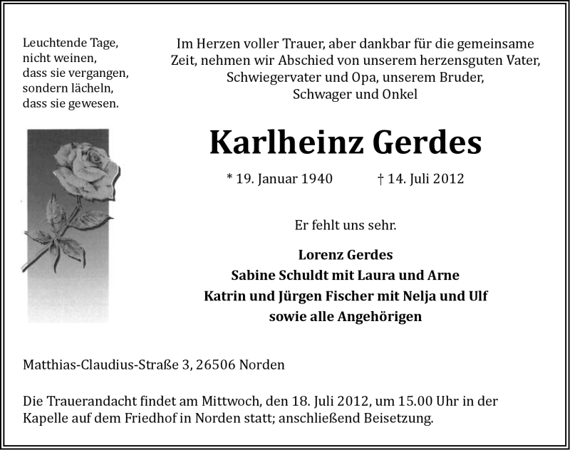  Traueranzeige für Karlheinz Gerdes vom 16.07.2012 aus Ostfriesischer Kurier GmbH