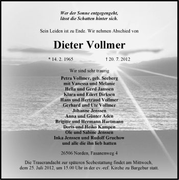 Traueranzeige von Dieter Vollmer von Ostfriesischer Kurier GmbH