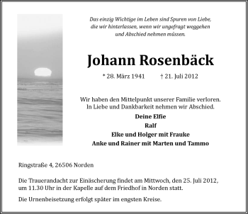 Traueranzeige von Johann Rosenbäck von Ostfriesischer Kurier GmbH