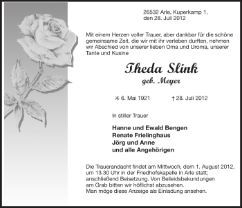Traueranzeige von Theda Slink von Ostfriesischer Kurier GmbH