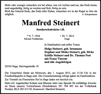 Traueranzeige von Manfred Steinert von Ostfriesischer Kurier GmbH
