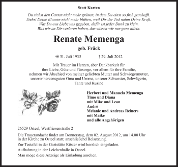 Traueranzeige von Renate Memenga von Ostfriesischer Kurier GmbH