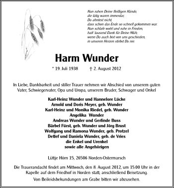 Traueranzeige von Harm Wunder von Ostfriesischer Kurier GmbH