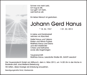 Traueranzeige von Johann Gerd Hanus von Ostfriesischer Kurier GmbH