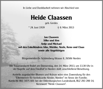 Traueranzeige von Heide Claassen von Ostfriesischer Kurier / Norderneyer Badezeitung