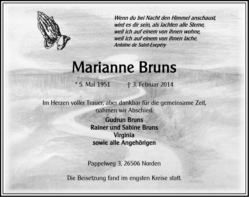  Traueranzeige für Marianne Bruns vom 10.02.2014 aus Ostfriesischer Kurier GmbH