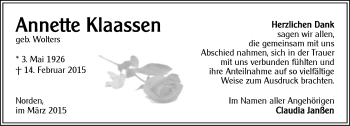 Traueranzeige von Annette Klaassen von Ostfriesischer Kurier GmbH