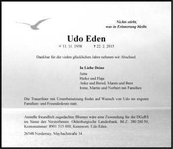 Traueranzeige von Udo Eden von Ostfriesischer Kurier / Norderneyer Badezeitung
