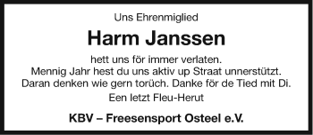 Traueranzeige von Harm Janssen von Ostfriesischer Kurier GmbH