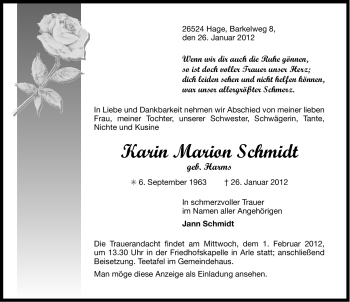 Traueranzeige von Karin Marion Schmidt von Ostfriesischer Kurier GmbH