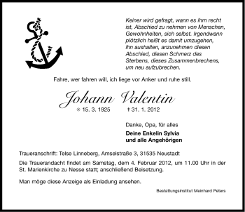 Traueranzeige von Johann Valentin von Ostfriesischer Kurier GmbH