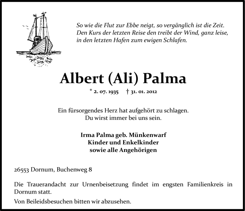  Traueranzeige für Albert (Ali) Palma vom 02.02.2012 aus Ostfriesischer Kurier GmbH