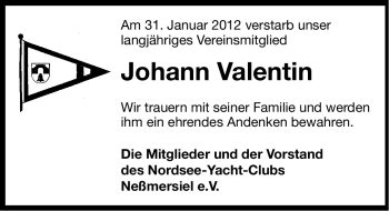 Traueranzeige von Johann Valentin von Ostfriesischer Kurier GmbH