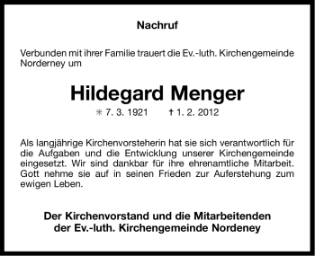 Traueranzeige von Hildegard Menger von Ostfriesischer Kurier GmbH