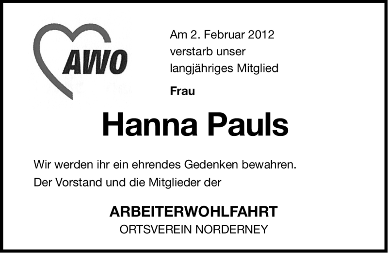  Traueranzeige für Hanna Pauls vom 08.02.2012 aus Ostfriesischer Kurier GmbH