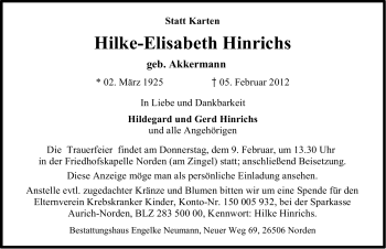 Traueranzeige von Hilke-Elisabeth Hinrichs von Ostfriesischer Kurier GmbH