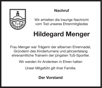 Traueranzeige von Hildegard Menger von Ostfriesischer Kurier GmbH