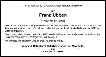 Traueranzeige von Franz Ubben von Ostfriesischer Kurier GmbH