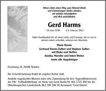 Traueranzeige von Gerd Harms von Ostfriesischer Kurier GmbH