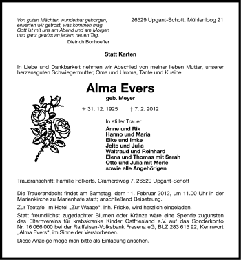 Traueranzeige von Alma Evers von Ostfriesischer Kurier GmbH