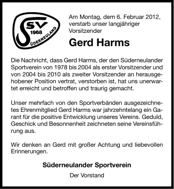 Traueranzeige von Gerd Harms von Ostfriesischer Kurier GmbH