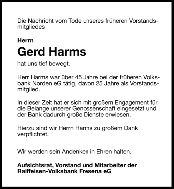 Traueranzeige von Gerd Harms von Ostfriesischer Kurier GmbH