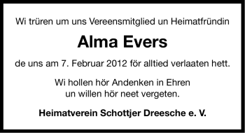 Traueranzeige von Alma Evers von Ostfriesischer Kurier GmbH