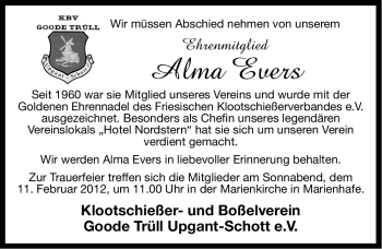 Traueranzeige von Alma Evers von Ostfriesischer Kurier GmbH