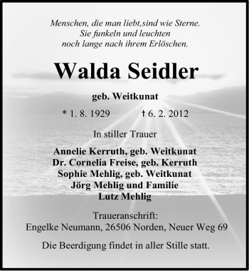 Traueranzeige von Walda Seidler von Ostfriesischer Kurier GmbH