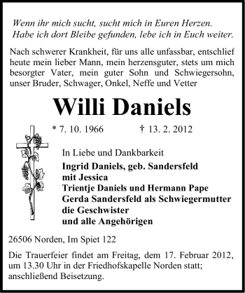 Traueranzeige von Willi Daniels von Ostfriesischer Kurier GmbH