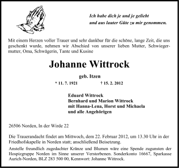 Traueranzeige von Johanne Wittrock von Ostfriesischer Kurier GmbH